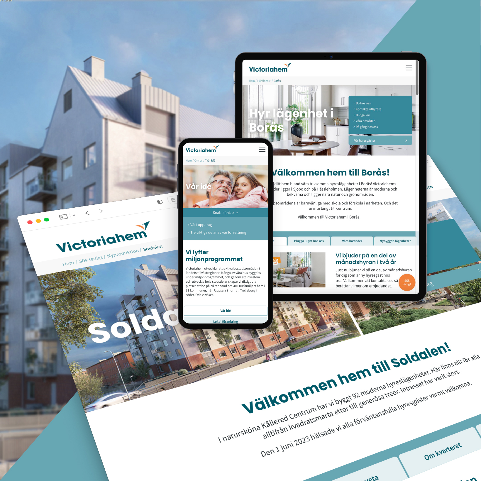 Sammanställning av Victoriahems webbplats visad på mobil, surfplatta och dator med bostadsinformation och navigation.