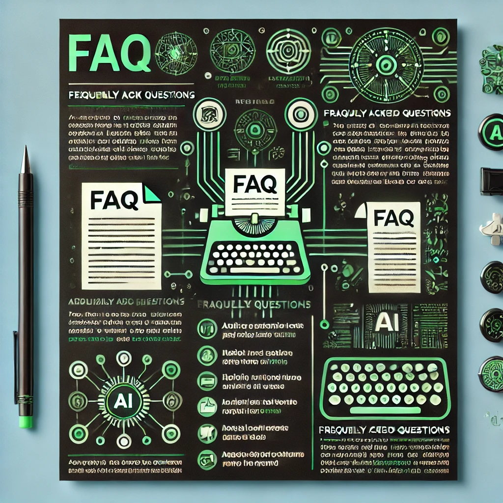 Illustration på svart bakgrund med texten "frequently asked questions" i grön och vit färg