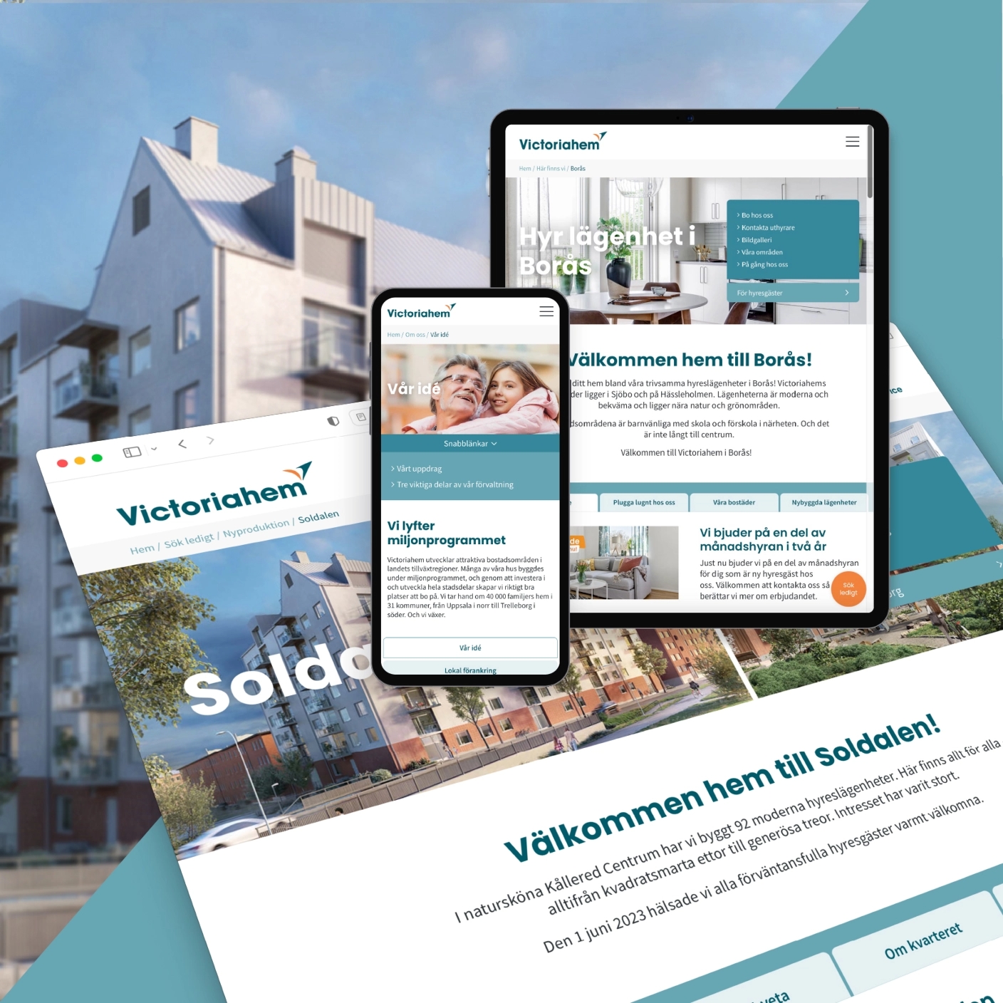 Sammanställning av Victoriahems webbplats visad på mobil, surfplatta och dator med bostadsinformation och navigation.