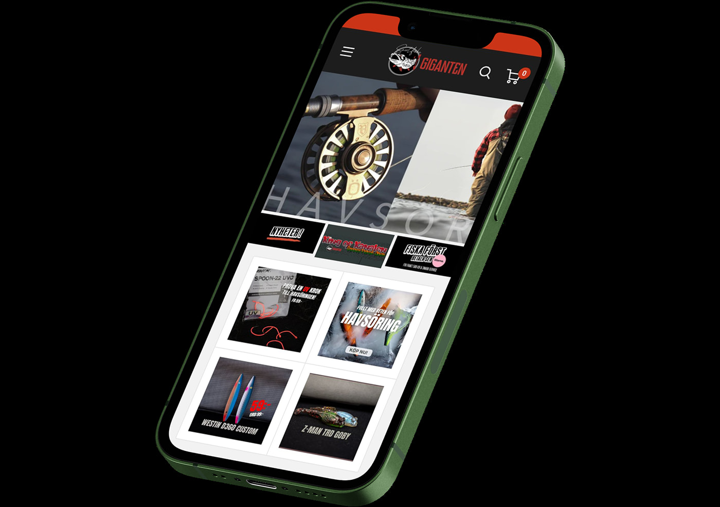 Mobiltelefon som visar e-handelswebbplatsen Sportfiskegiganten med fiskeutrustning och produkter.